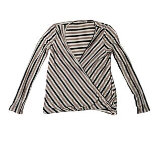 Vine & Love Women's Striped Surplice Long Sleeve in Black, Brown, & White